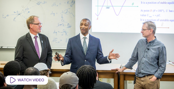 Provost Haggerty, President Tate, and Kenneth Schafer with "watch video" icon