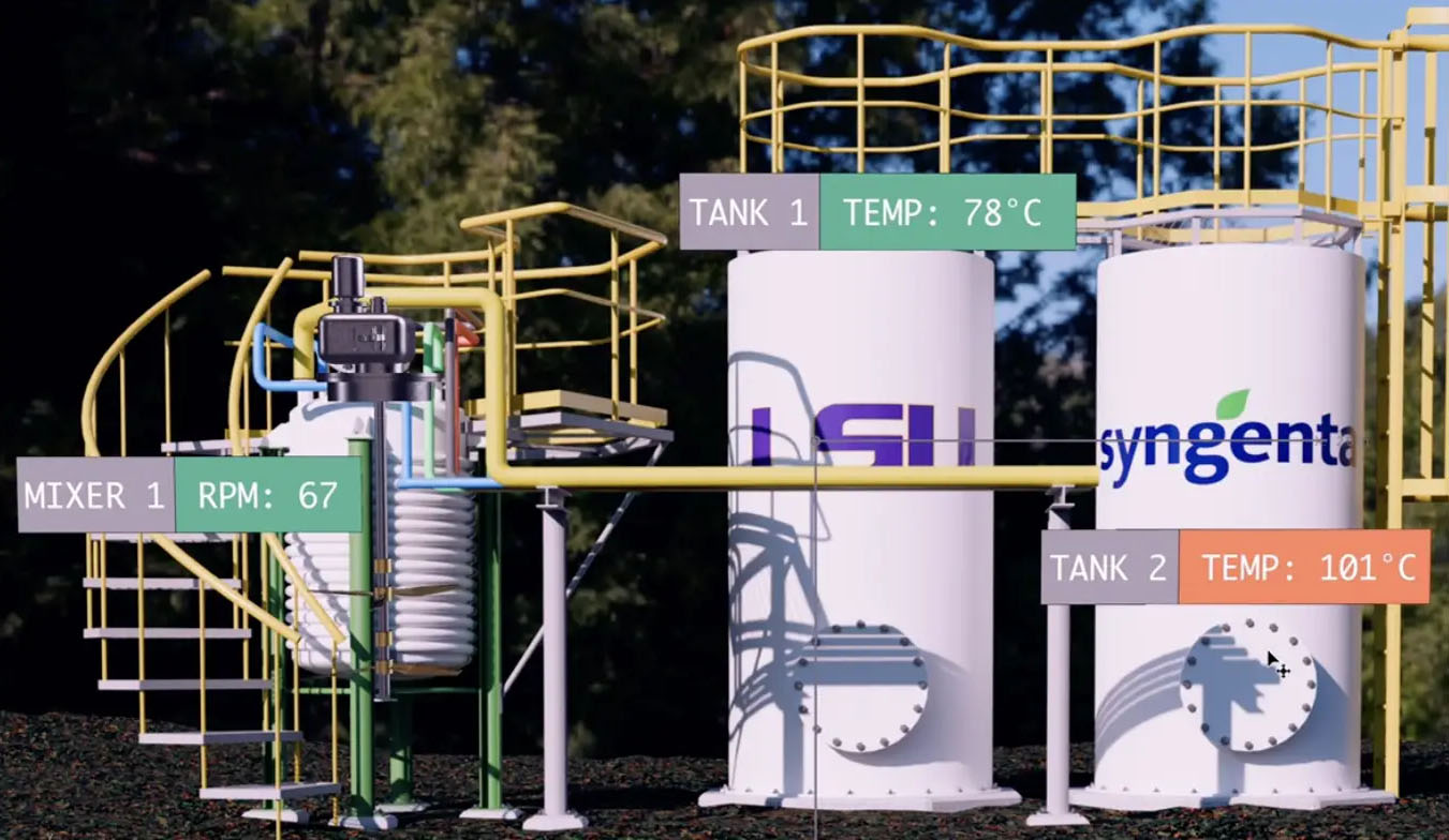 Image of chemical processing facility digital twin, displaying tank temperatures and mixer rpm.