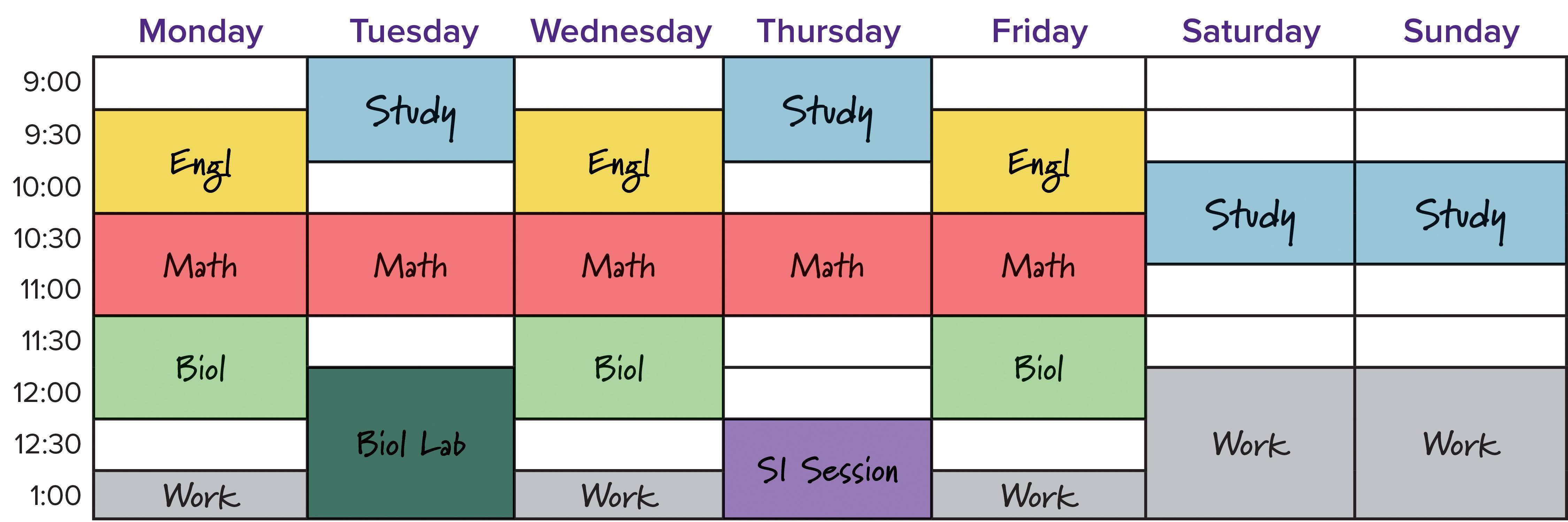 example of a partially filled out weekly planner - accessible link below